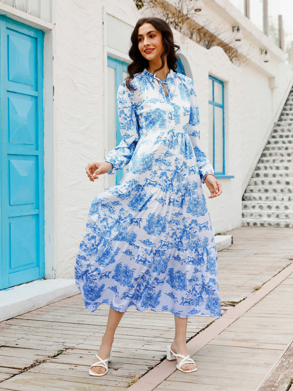 Women’s Printed Long Sleeve Ruffled Maxi Dress