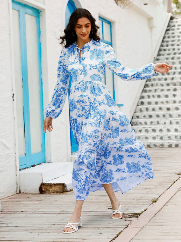 Women’s Printed Long Sleeve Ruffled Maxi Dress