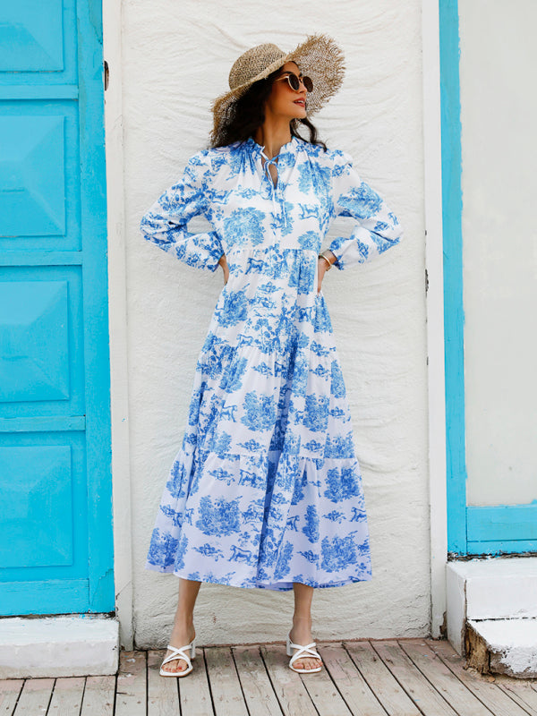 Women’s Printed Long Sleeve Ruffled Maxi Dress