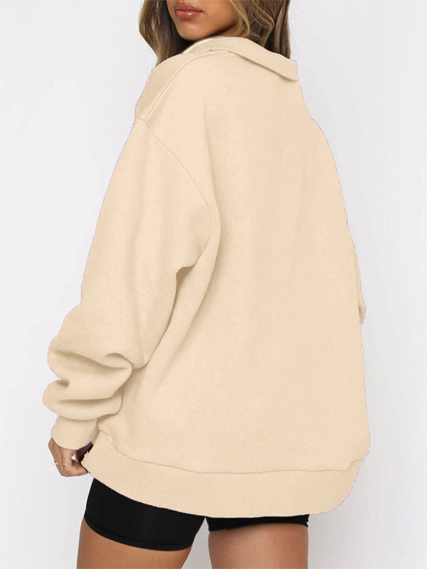 Women’s Solid Color Relaxed Zip Kangaroo Front Pocket Sweatshirt Pullover