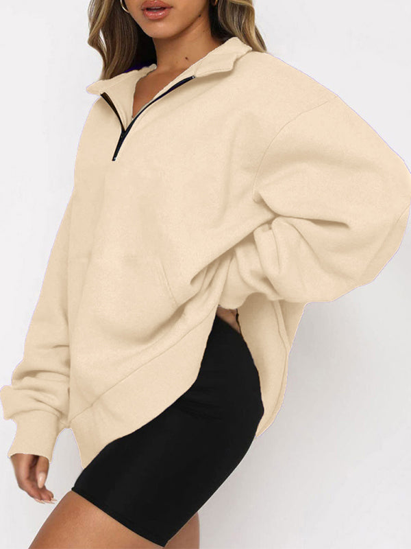 Women’s Solid Color Relaxed Zip Kangaroo Front Pocket Sweatshirt Pullover