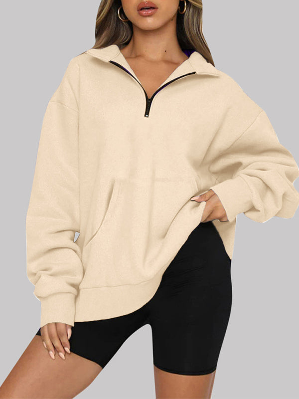 Women’s Solid Color Relaxed Zip Kangaroo Front Pocket Sweatshirt Pullover