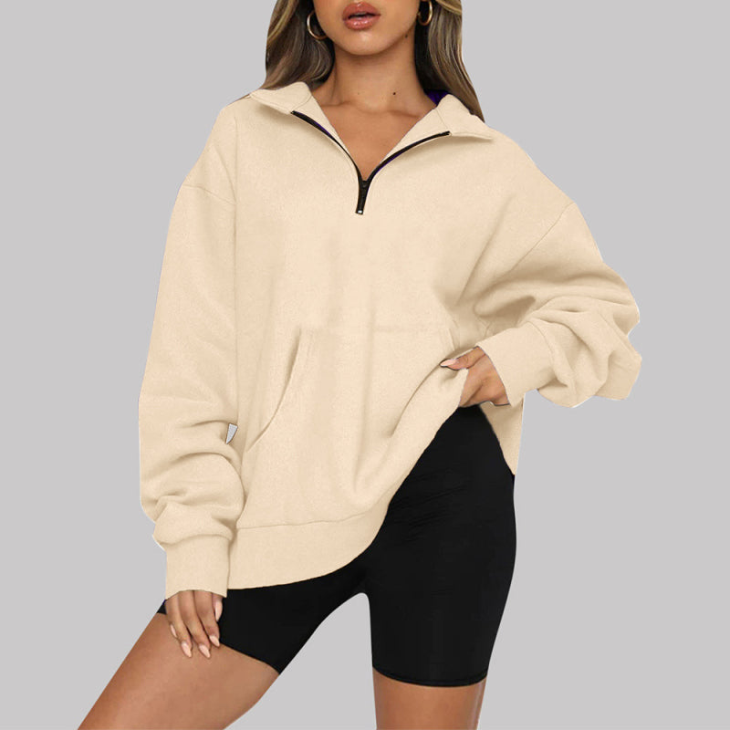 Women’s Solid Color Relaxed Zip Kangaroo Front Pocket Sweatshirt Pullover
