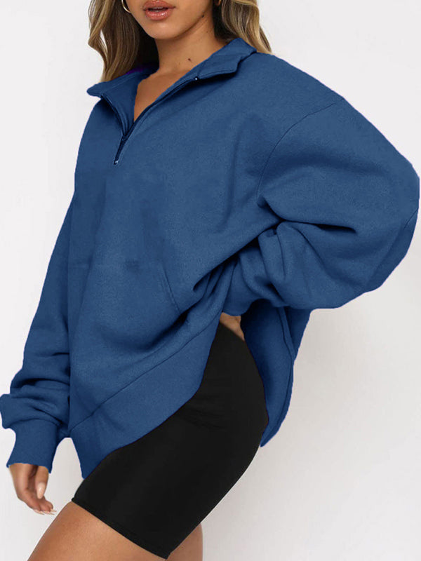 Women’s Solid Color Relaxed Zip Kangaroo Front Pocket Sweatshirt Pullover