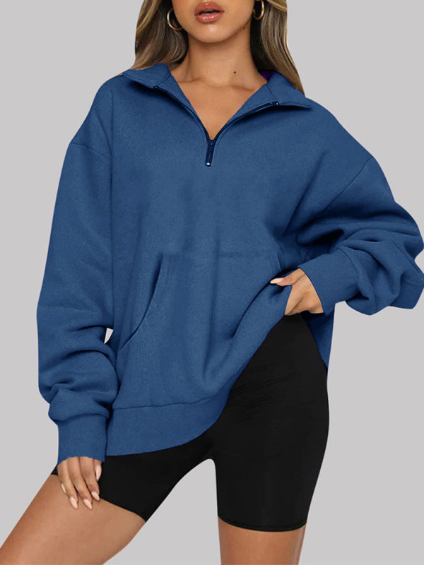 Women’s Solid Color Relaxed Zip Kangaroo Front Pocket Sweatshirt Pullover