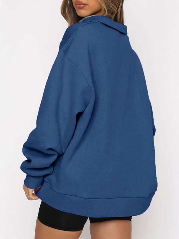 Women’s Solid Color Relaxed Zip Kangaroo Front Pocket Sweatshirt Pullover