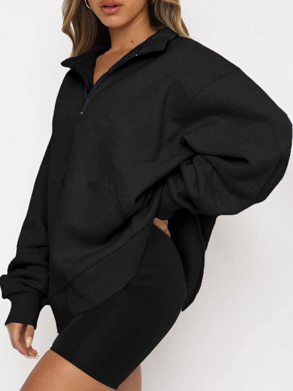 Women’s Solid Color Relaxed Zip Kangaroo Front Pocket Sweatshirt Pullover