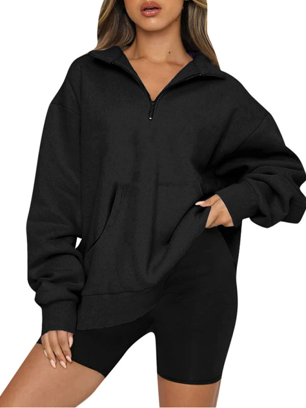 Women’s Solid Color Relaxed Zip Kangaroo Front Pocket Sweatshirt Pullover