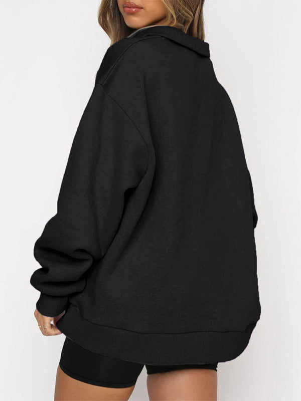 Women’s Solid Color Relaxed Zip Kangaroo Front Pocket Sweatshirt Pullover
