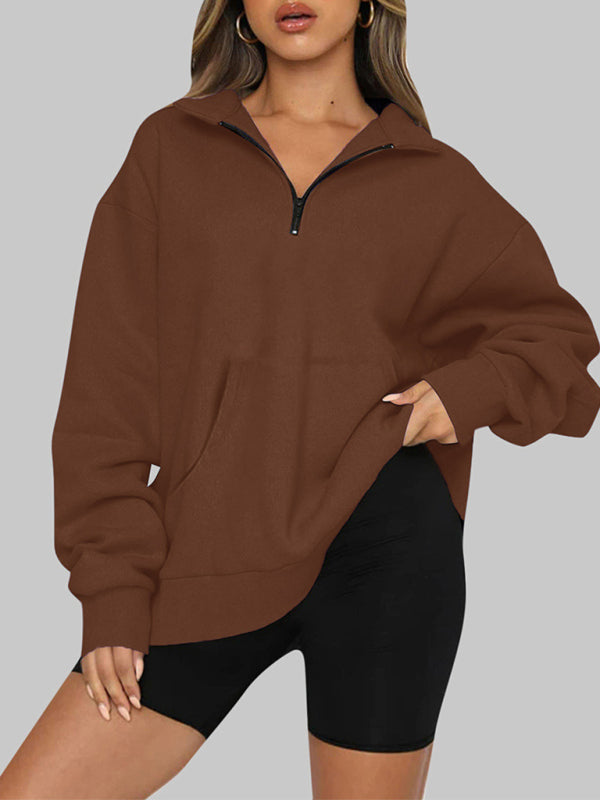 Women’s Solid Color Relaxed Zip Kangaroo Front Pocket Sweatshirt Pullover