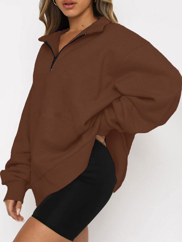 Women’s Solid Color Relaxed Zip Kangaroo Front Pocket Sweatshirt Pullover