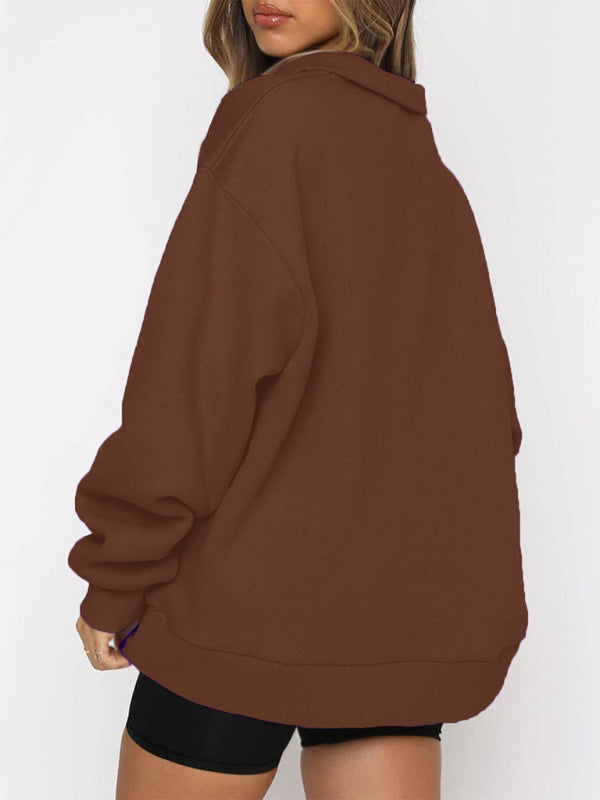 Women’s Solid Color Relaxed Zip Kangaroo Front Pocket Sweatshirt Pullover