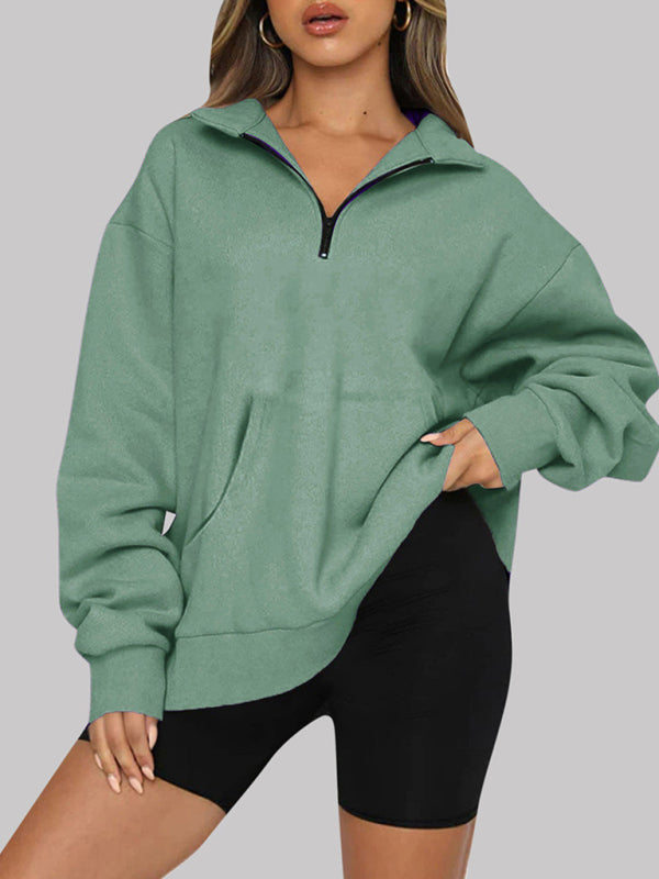 Women’s Solid Color Relaxed Zip Kangaroo Front Pocket Sweatshirt Pullover