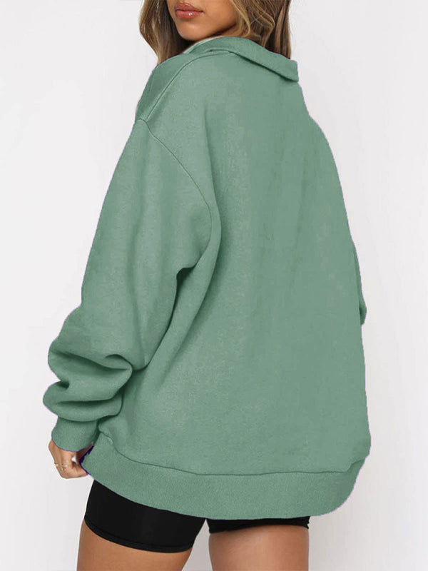 Women’s Solid Color Relaxed Zip Kangaroo Front Pocket Sweatshirt Pullover
