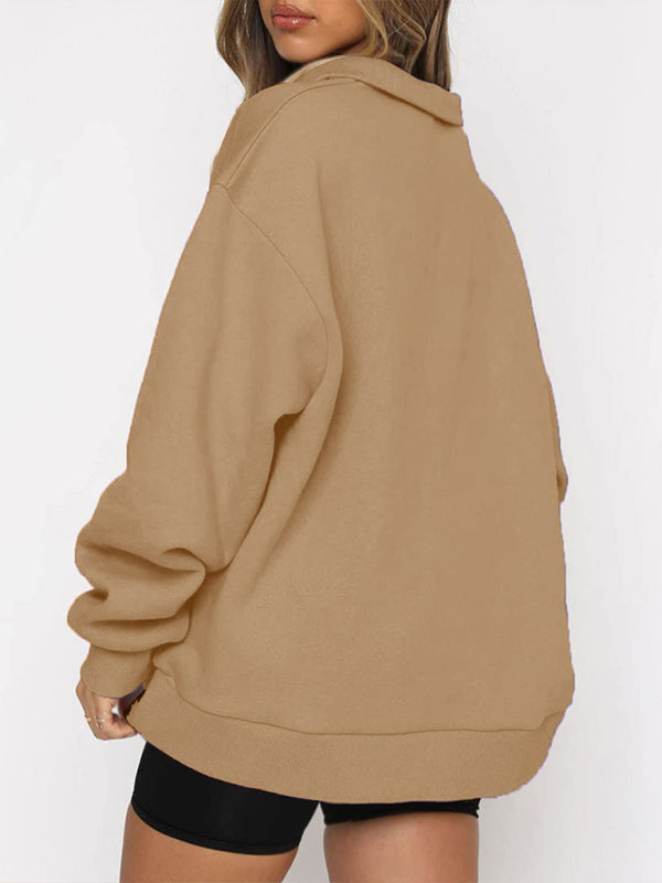 Women’s Solid Color Relaxed Zip Kangaroo Front Pocket Sweatshirt Pullover