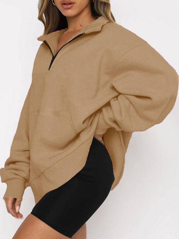 Women’s Solid Color Relaxed Zip Kangaroo Front Pocket Sweatshirt Pullover