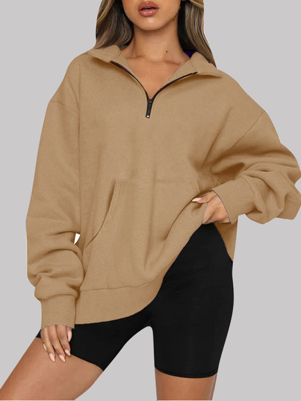Women’s Solid Color Relaxed Zip Kangaroo Front Pocket Sweatshirt Pullover