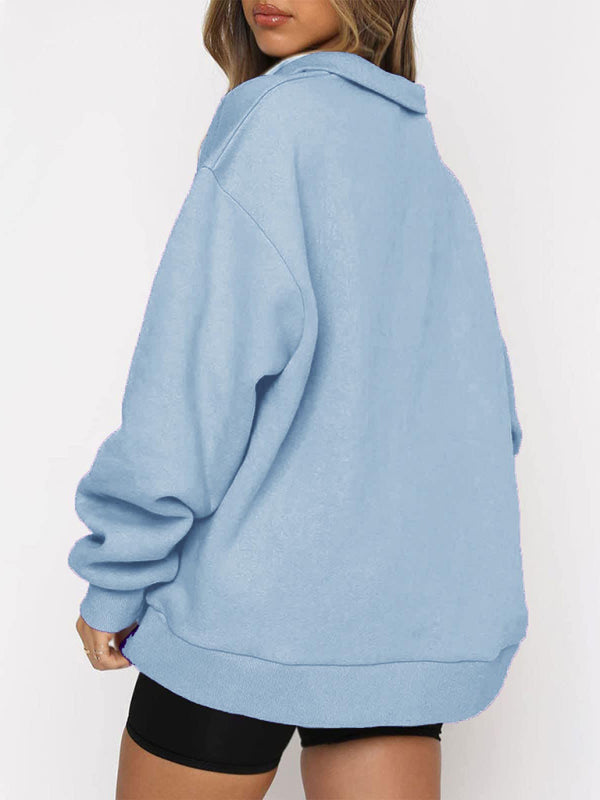 Women’s Solid Color Relaxed Zip Kangaroo Front Pocket Sweatshirt Pullover