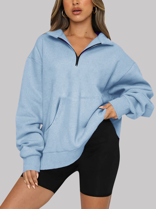 Women’s Solid Color Relaxed Zip Kangaroo Front Pocket Sweatshirt Pullover