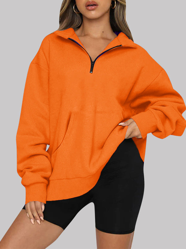 Women’s Solid Color Relaxed Zip Kangaroo Front Pocket Sweatshirt Pullover