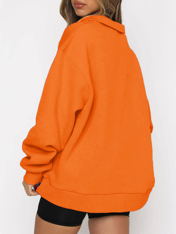 Women’s Solid Color Relaxed Zip Kangaroo Front Pocket Sweatshirt Pullover