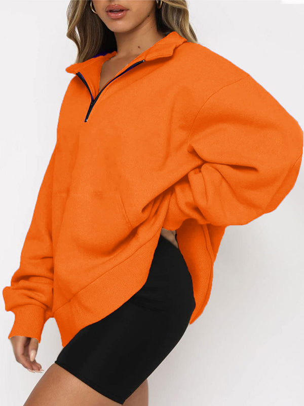 Women’s Solid Color Relaxed Zip Kangaroo Front Pocket Sweatshirt Pullover