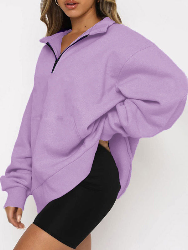 Women’s Solid Color Relaxed Zip Kangaroo Front Pocket Sweatshirt Pullover