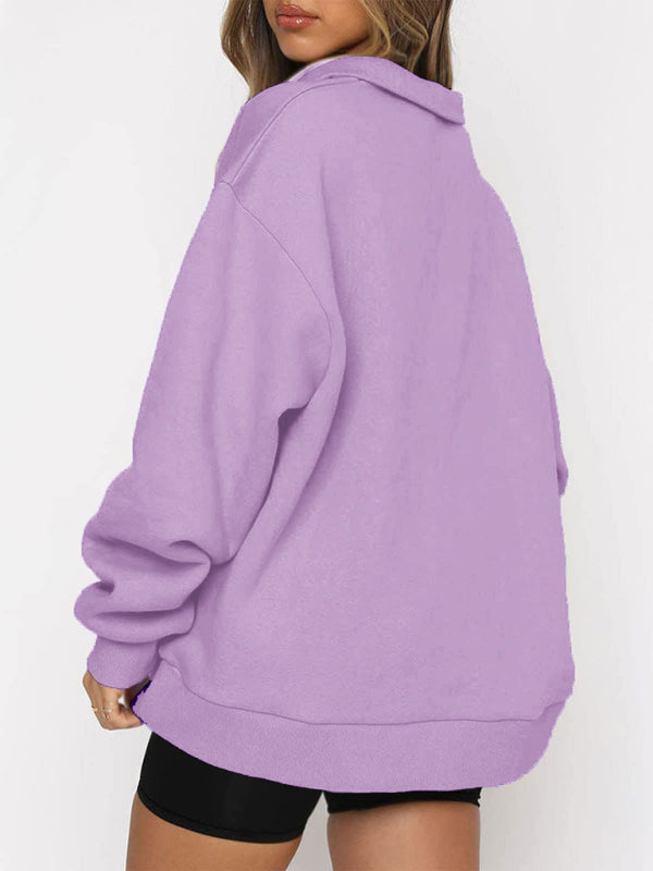 Women’s Solid Color Relaxed Zip Kangaroo Front Pocket Sweatshirt Pullover