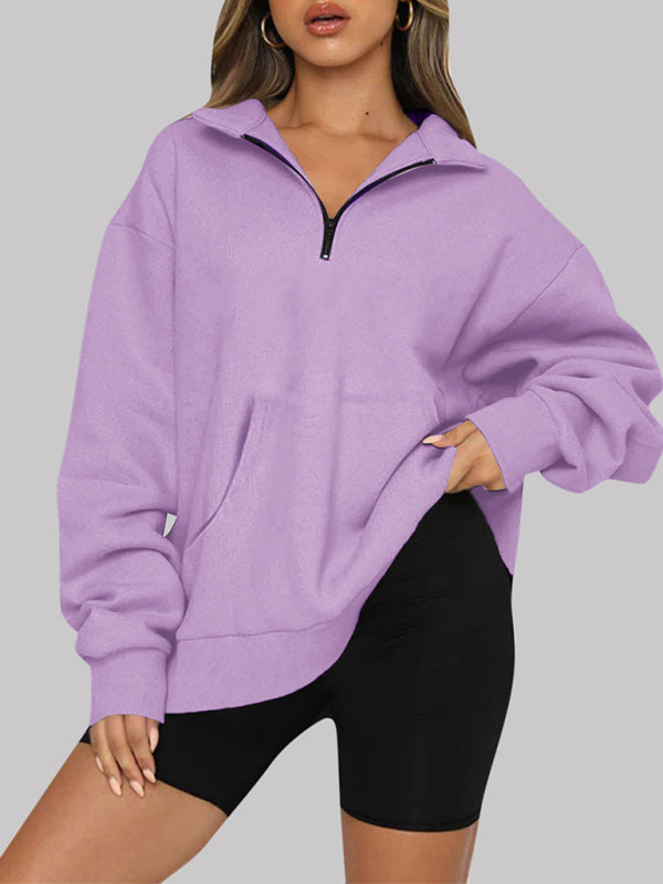 Women’s Solid Color Relaxed Zip Kangaroo Front Pocket Sweatshirt Pullover