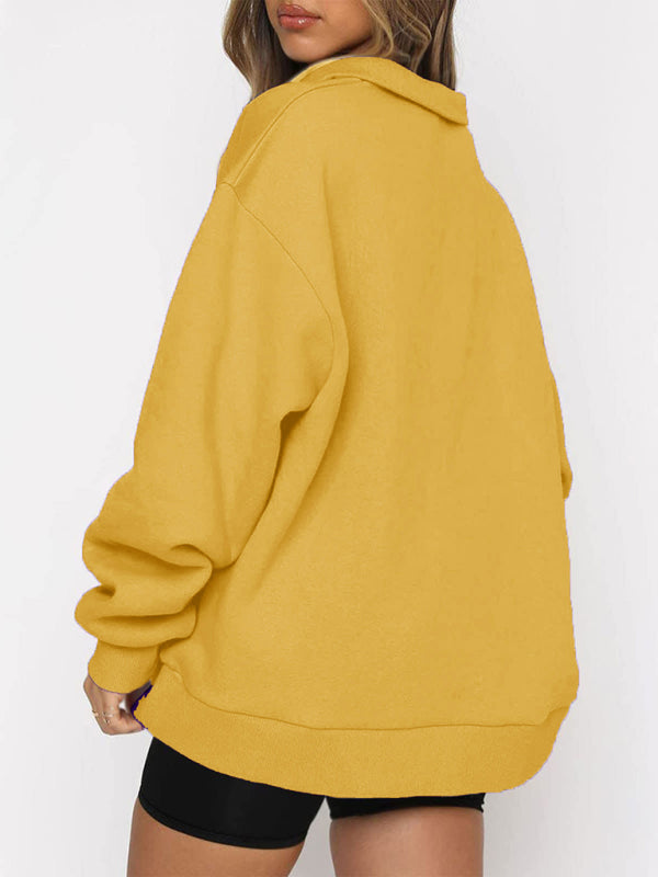 Women’s Solid Color Relaxed Zip Kangaroo Front Pocket Sweatshirt Pullover