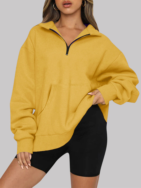 Women’s Solid Color Relaxed Zip Kangaroo Front Pocket Sweatshirt Pullover