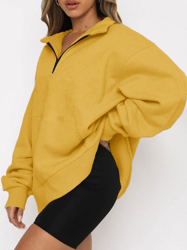 Women’s Solid Color Relaxed Zip Kangaroo Front Pocket Sweatshirt Pullover