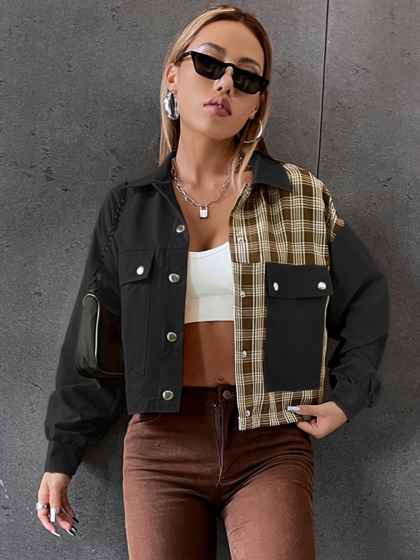 Women's Bi Patterns With Plaid Print Cropped Jacket
