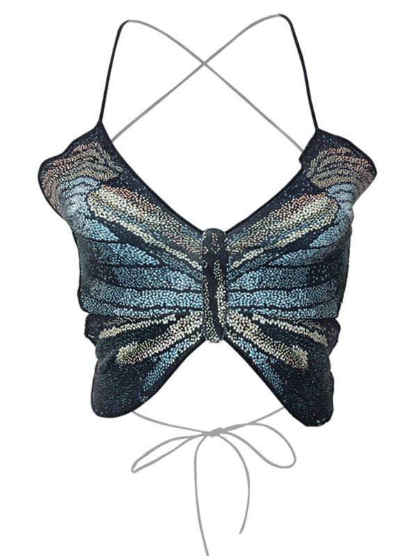 Women's halter neck tie printed butterfly tank top