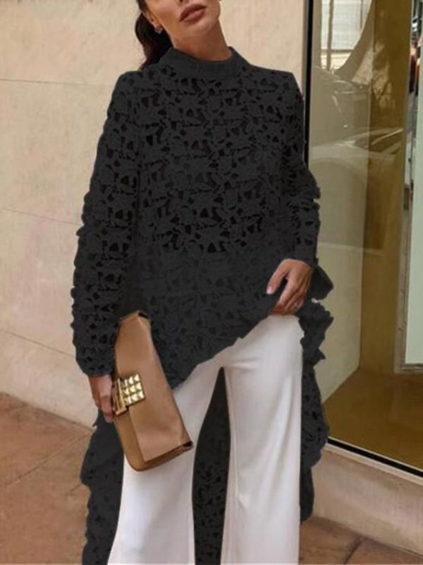 Ladies New Fashion Irregular Sexy Lace Long Sleeve Dress Tops