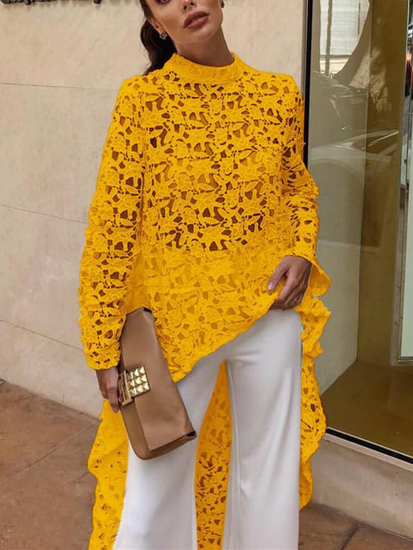 Ladies New Fashion Irregular Sexy Lace Long Sleeve Dress Tops