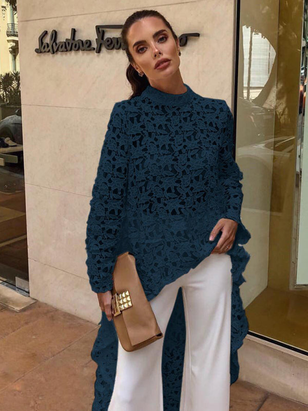 Ladies New Fashion Irregular Sexy Lace Long Sleeve Dress Tops