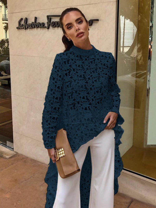 Ladies New Fashion Irregular Sexy Lace Long Sleeve Dress Tops