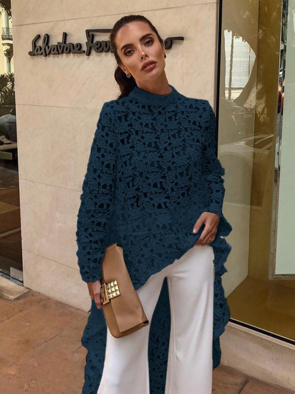 Ladies New Fashion Irregular Sexy Lace Long Sleeve Dress Tops
