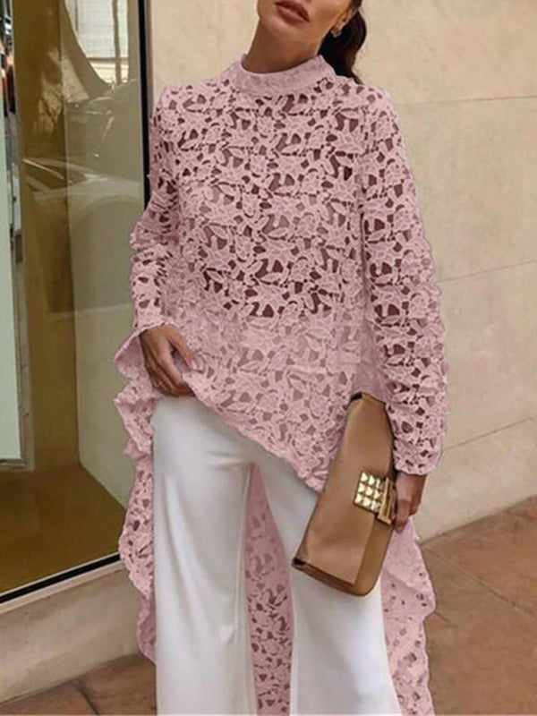 Ladies New Fashion Irregular Sexy Lace Long Sleeve Dress Tops