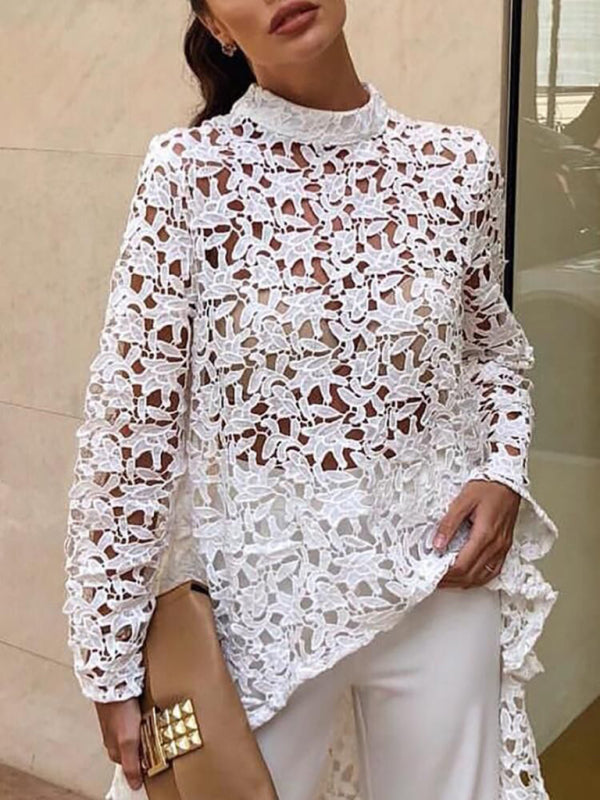 Ladies New Fashion Irregular Sexy Lace Long Sleeve Dress Tops