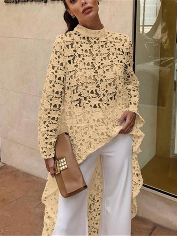 Ladies New Fashion Irregular Sexy Lace Long Sleeve Dress Tops