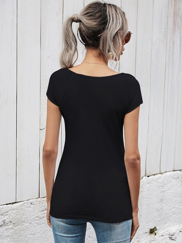 Women's Solid Color Short Sleeve Top With Lace