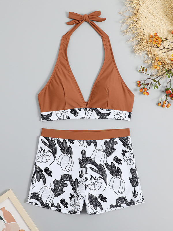 Women's Printed Bikini Top And High-waist Bottoms Shorts Set