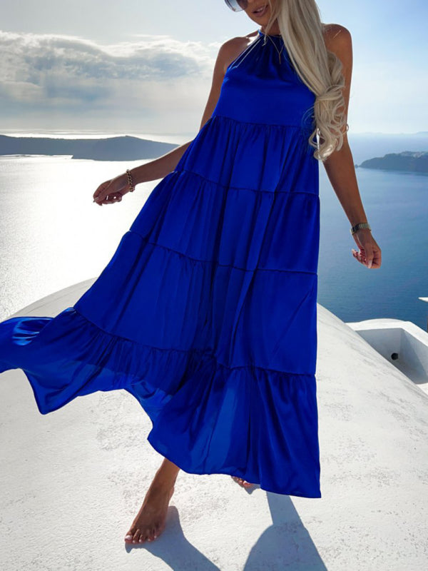 Women's Solid Color Tiered Halter Maxi Dress
