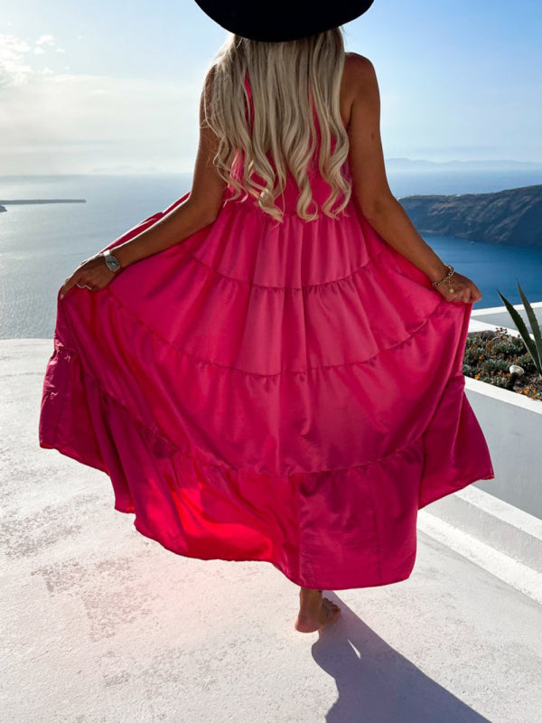 Women's Solid Color Tiered Halter Maxi Dress
