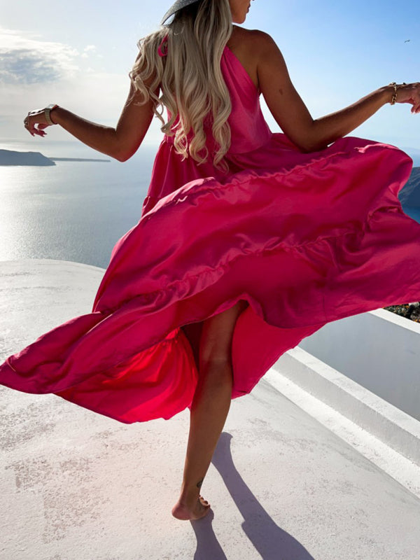 Women's Solid Color Tiered Halter Maxi Dress