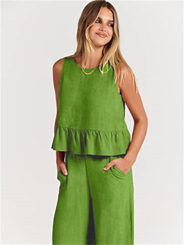 Women's Ruffle Sleeveless Top With Matching Wide-leg Pants
