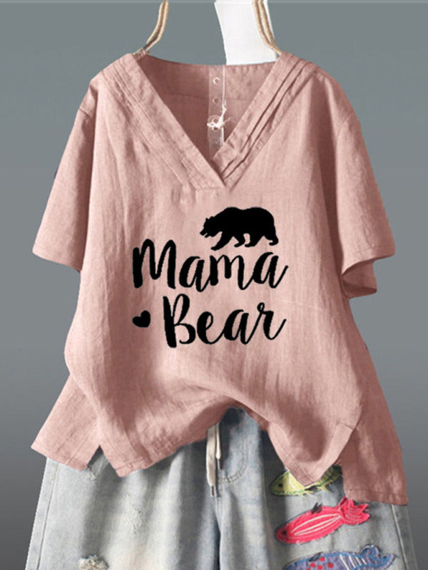 Women's MAMA BEAR printed short-sleeved V-neck irregular cotton and linen top