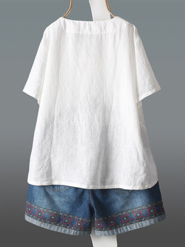 Women's MAMA BEAR printed short-sleeved V-neck irregular cotton and linen top